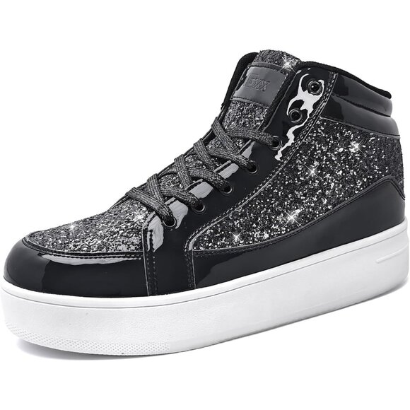 Women's Black Shiny Glitter Sequin Shoes High Top Sneakers Fashion Bling - Picture 1 of 6
